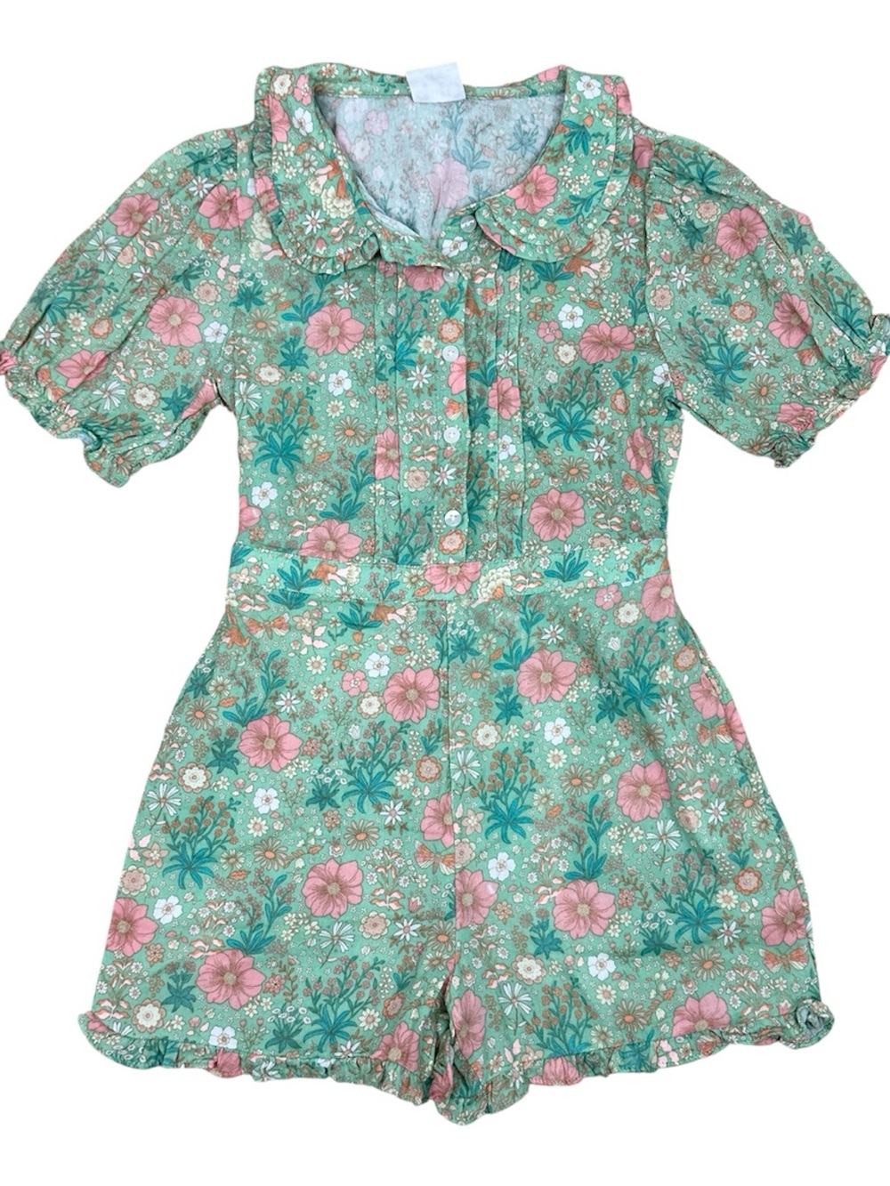 Girls Floral Boho Green & Pink Romper - Short Sleeve Jumpsuit